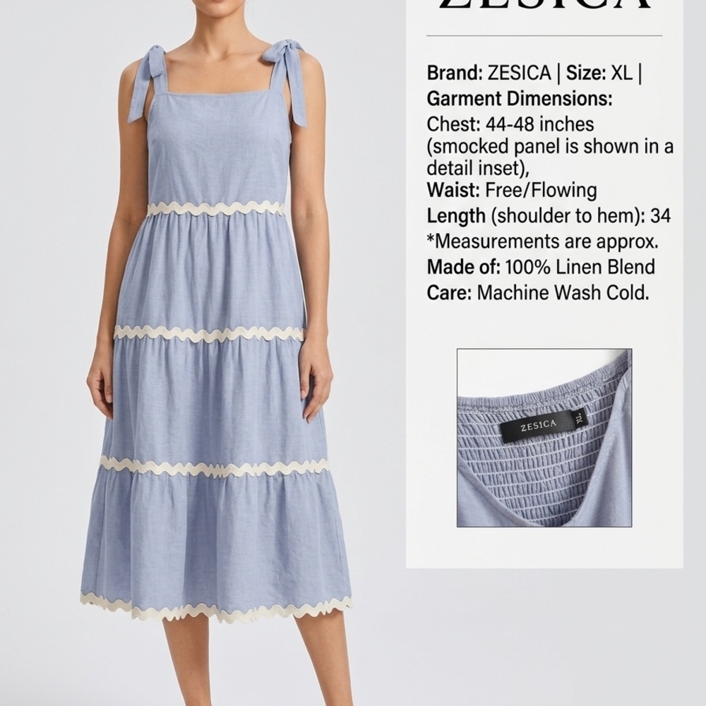 Blue Tiered Linen-Blend Midi Dress with Tie Straps